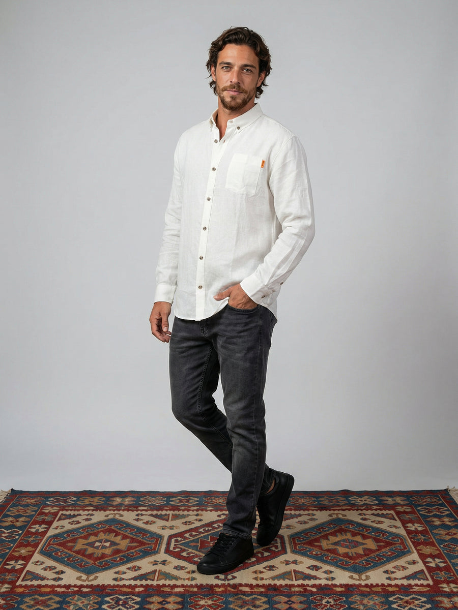 Camisa Manga Larga Hombre Lino Blanca