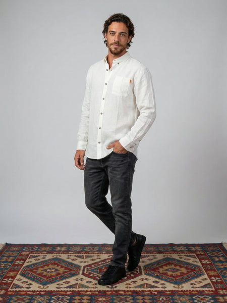 Camisa Manga Larga Hombre Lino Blanca